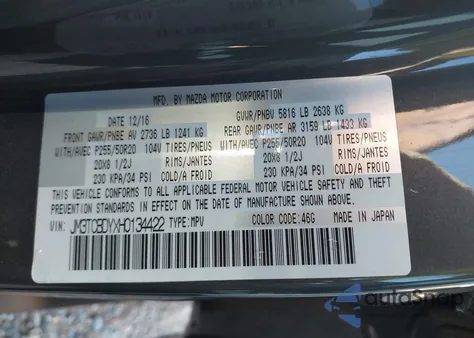 2017 Mazda Cx-9 Grand Touring z USA, uszkodzony, nr VIN JM3TCBDYXH0134422